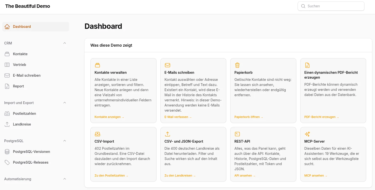 Startseite der Demo-Anwendung mit Navigation und einer Übersicht der Funktionen